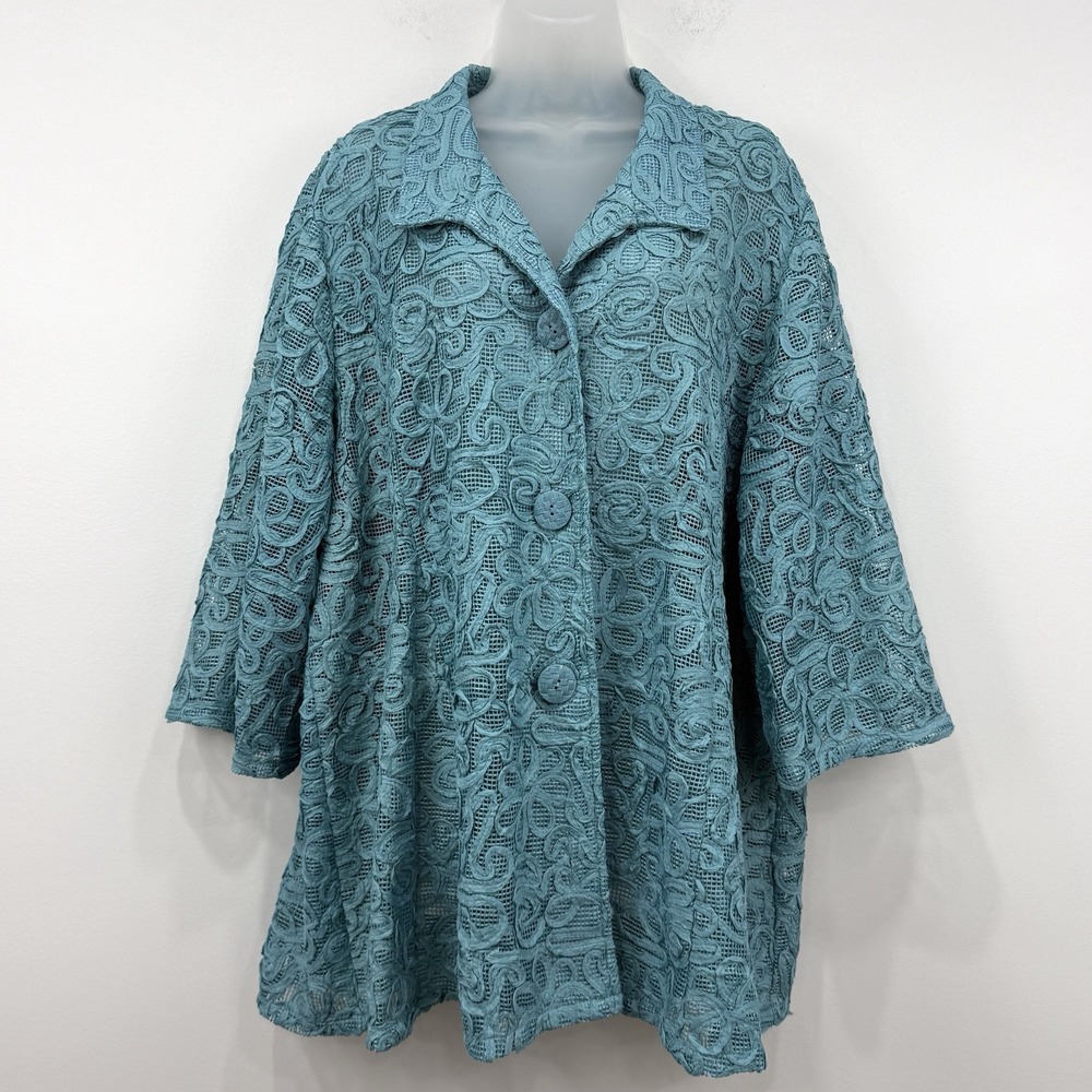 Coldwater Creek Jacket 3X Blue Lace Embroidered Feminine Mature Dainty Artsy